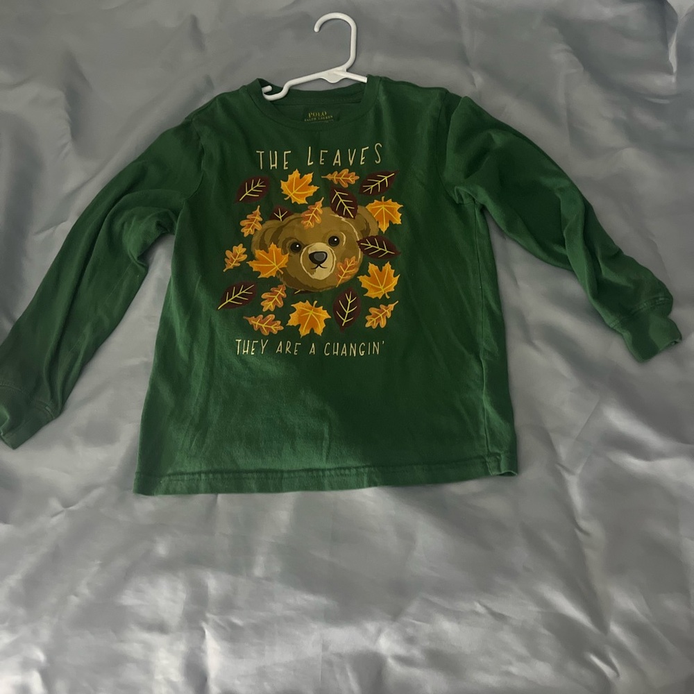 Polo Ralph Lauren Green Long Sleeve Kids Tee with Bear and Leaves